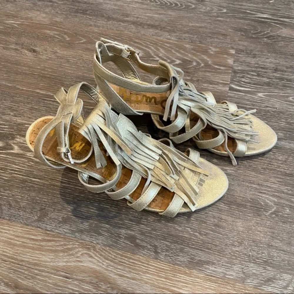 Sam Edelman Gold Fringe Strappy Wedge Sandals